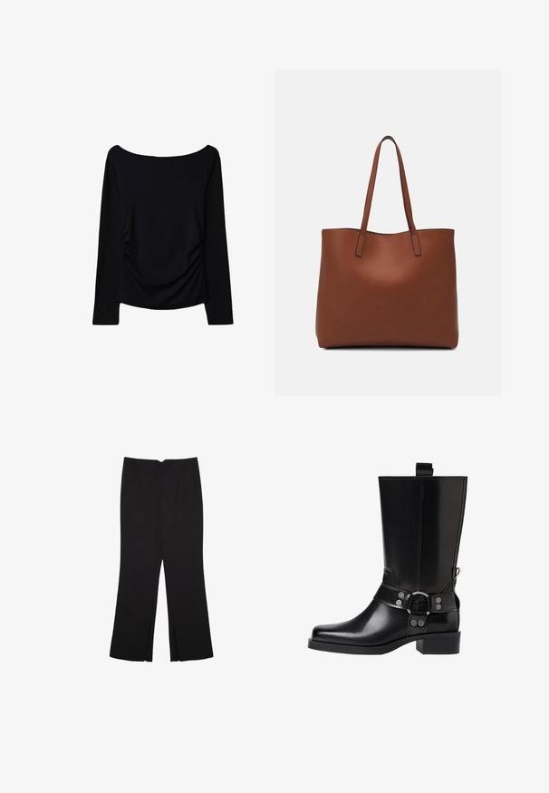 Sort langærmet top med off-the-shoulder halsudskæring, med sideløft for ekstra tekstur og et glat, strækbart materiale.; Sorte bukser med lige pasform, der har frontlommer og slidser i kanten. Lavet af blødt, glat stof. Velegnet til forskellige anledninger.; Sort læderknæhøj støvle med spids tå, sølv spænde detaljer og en robust hæl. Har en trækflap for nem påtagning.; Brun læder tote taske med en glat overflade, åben topdesign og to skulderremme. Har minimal syning og ingen synlig hardware.