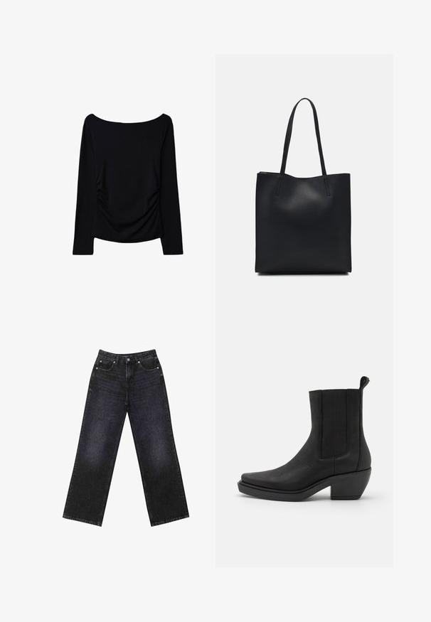 Musta pitkähihaine toppi off-the-shoulder-kauluksella, jossa on sivusomistusta lisätekstuurin vuoksi ja sileä, venyvä kangas.; Korkeavyötäröiset mustat farkut, joissa on leveä lahje, viisi taskua ja näkyvät tikkaukset. Kangas on sileä, hieman teksturoitu pinnaltaan.; Mustat nahkaiset nilkkurit, joissa on joustavat sivupaneelit, kapeat varpaat ja tukevat korot. Teksturoitu pinta, jossa on sileä viimeistely.; Mustapahkainen kangaskassi, jossa on sileä pinta, suorakaiteen muotoinen ja kaksi pitkää kahvaa. Ei näkyvää metalliosaa tai koristeita.