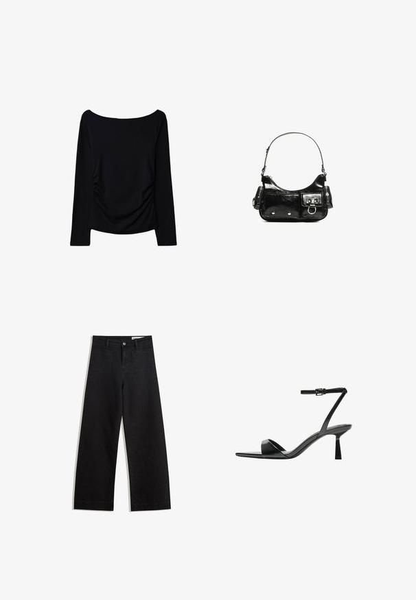 Schwarzes Langarmoberteil mit schulterfreiem Ausschnitt, seitlicher Raffung für zusätzliche Textur und einem glatten, elastischen Stoff.; Schwarze weit geschnittene Jeans mit hoher Taille, ausgestattet mit Vorder- und Hintertaschen, gesteppten Nähten und einem Knopfverschluss. Glatte Textur.; Bershka High Heel Sandalette - black; Schwarze Lackleder-Handtasche mit geschwungenem Design, einem Schulterriemen, Vordertaschen und silberfarbenen Hardware-Akzenten.