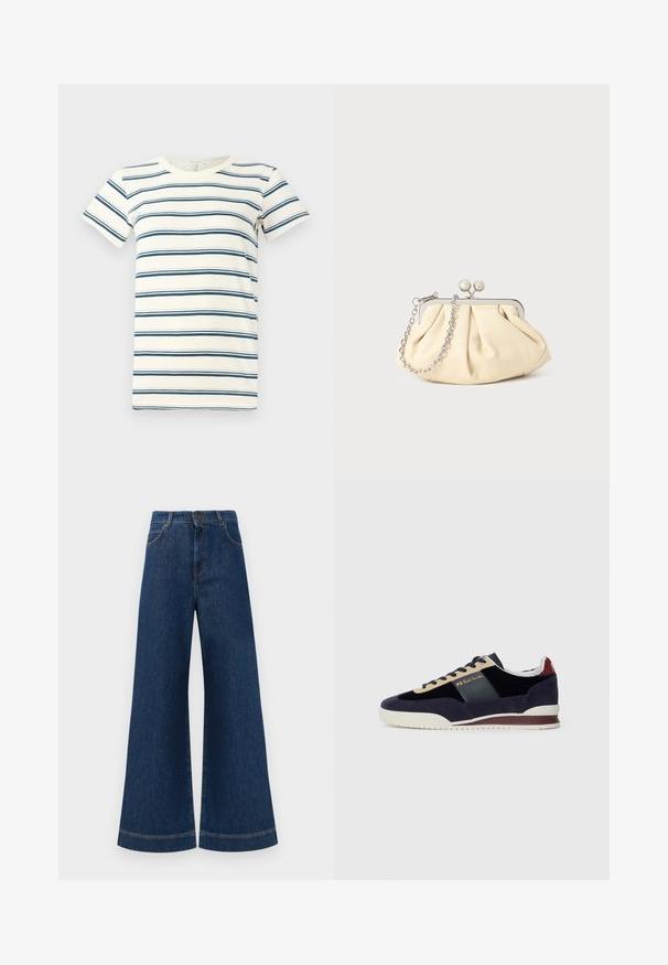 Striped t-shirt featuring alternating blue and dark blue lines on a cream background, with a crew neckline and short sleeves. Soft fabric.; Wide-leg blue denim jeans with a high waist, featuring a button closure, belt loops, and subtle stitching details along the pockets and hems.; Navy suede sneakers with beige and dark blue accents. Features a white rubber sole and gold branding on the side. Classic athletic design.; Pleated beige leather clutch with a silver metal frame, featuring two round decorative clasps and a silver chain strap.