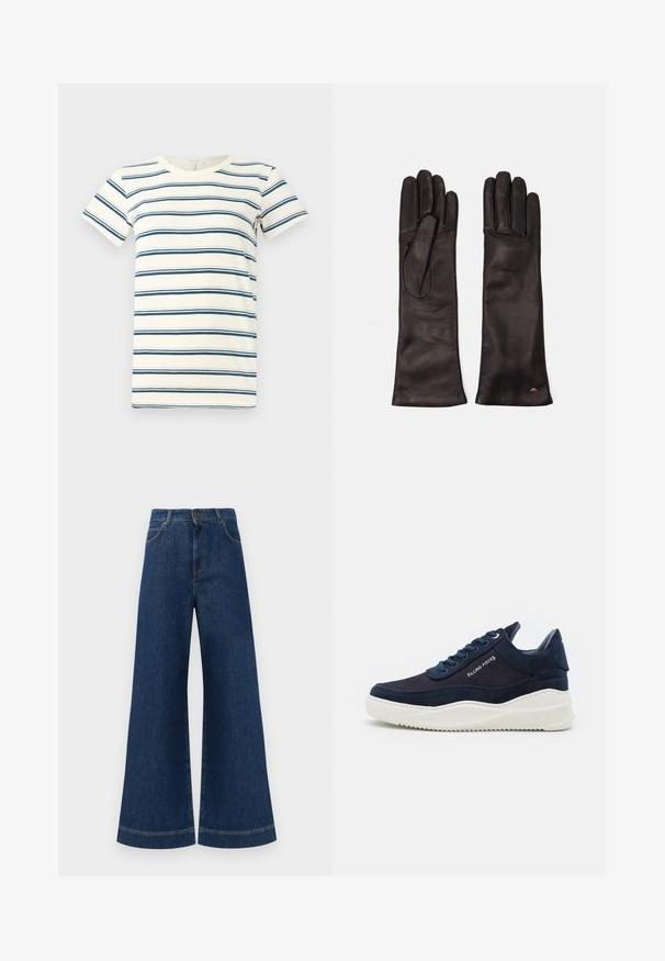 T-shirt rayé avec des lignes bleues et bleu foncé alternées sur un fond crème, avec un col rond et des manches courtes. Tissu doux.; Jeans en denim bleu à taille haute et jambes larges, avec une fermeture à bouton, des passants de ceinture et des détails de couture subtils le long des poches et des ourlets.; Baskets en suède bleu marine foncé avec semelles en caoutchouc blanches, bout arrondi et design à lacets. Présente un détail de logo sur le côté et des accents texturés.; Weekend Max Mara SENAPE - Gants - nero