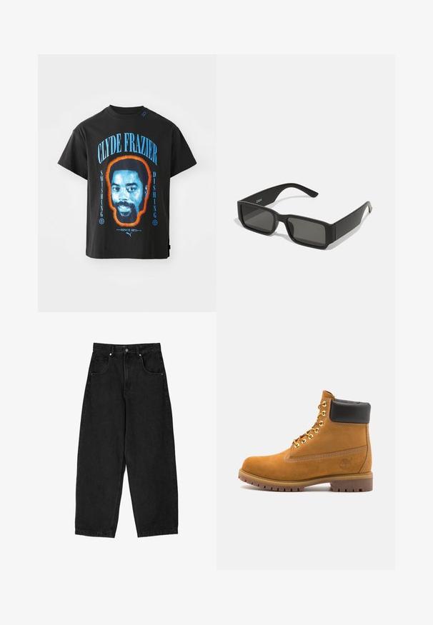 Zwarte katoenen T-shirt met een grafisch ontwerp van het gezicht van Clyde Frazier, omrand in oranje, met blauwe tekst die "SWISHING" en "DISHING" leest.; Zwarte denim pijpenbroeken met een hoge taille, voorzien van vijf zakken, een ritssluiting en een metalen knoopsluiting. Zachte textuur, minimale details.; Tan suède enkelboot met zwart gevoerd kraagje, gouden metalen oogjes, witte stikdetails en een robuuste rubberen zool met uitgesproken profiel.; Zwarte zonnebril met rechthoekige lenzen, matte plastic montuur en rechte randen. Bevat het merkteken op de binnenarm.