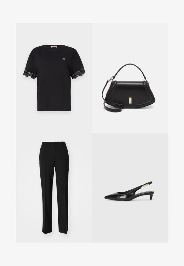 Black cotton t-shirt with short sleeves featuring intricate lace trim. Small gold logo detail on the chest. Soft, smooth texture.; Black tailored trousers with a straight-leg design, featuring a smooth texture and crisp creases along the front. No visible hardware.; Black leather slingback heels with a pointed toe, featuring a slim heel and a gold-tone accent on the adjustable strap. Smooth texture.; Black leather handbag with a structured design, featuring a cropped shape, top handle, and gold hardware accent. Adjustable shoulder strap included.
