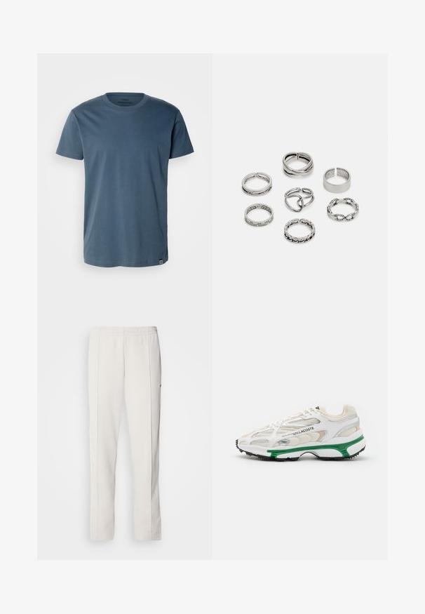 Mads Nørgaard THOR TEE - Tricou basic - midnight navy; Lacoste Pantaloni de trening - hammam; Adidași albi cu accente verzi și talpă din cauciuc negru. Prezintă panouri din plasă și materiale sintetice, cu un finisaj texturat și cusături vizibile.; Set de șapte inele din argint cu diverse modele, inclusiv modele răsucite, legate și gravate. Forme și lățimi diferite.
