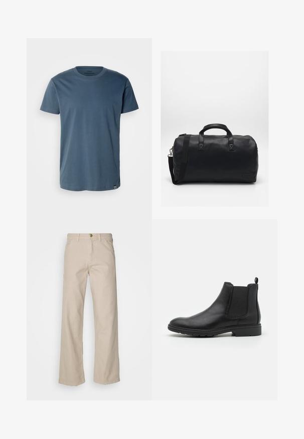 Mads Nørgaard THOR TEE - Navadna majica - midnight navy; Bež hlače širokega kroja iz bombaža z petimi žepi, zapiranjem na gumb in zankami za pas; gladka tekstura s pravim krojem in robom.; Črne usnjene čevlje Chelsea z elastičnimi stranskimi paneli in zanko, z zaobljenim nosom in teksturiranim gumijastim podplatom.; Črna torba za šport z teksturiranim sintetičnim materialom. Ima dve ročaji in nastavljiv ramenski trak. Preprost dizajn brez vidnih vzorcev.
