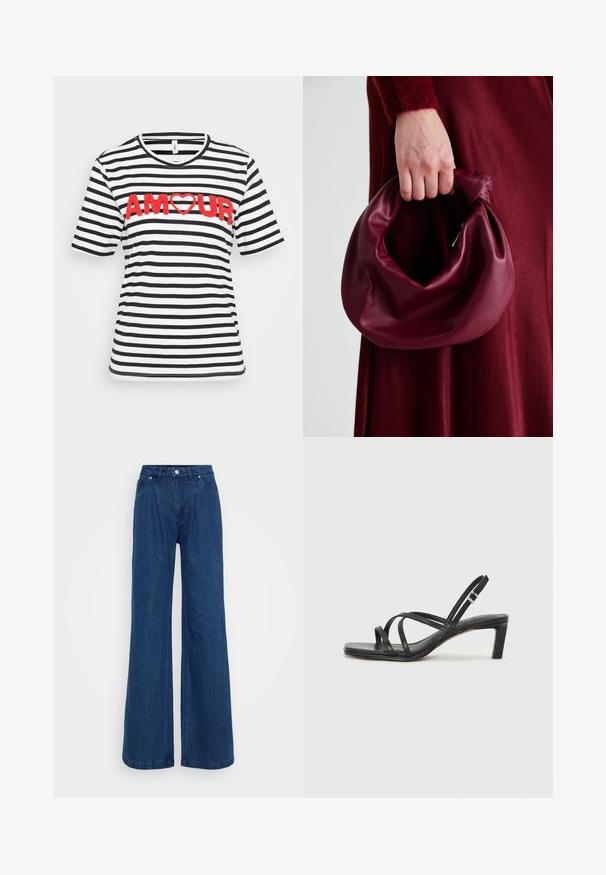 Camiseta a rayas en blanco y negro con el texto bordado en rojo "AMOUR" acompañado de un corazón. Mangas cortas y cuello redondo. Tejido suave.; Pantalones vaqueros de mezclilla azul de pierna ancha con cintura alta, cierre frontal de botón y cremallera, y bolsillos delanteros y traseros sobre un fondo liso.; Sandalia negra de tiras con punta cuadrada y tacón bajo de bloque. Presenta múltiples tiras delgadas y una correa ajustable en el tobillo. Fabricada en cuero suave.; Bolso de cuero burdeos con un diseño suave y recogido y una forma redondeada. La asa está asegurada, mostrando una textura lisa.