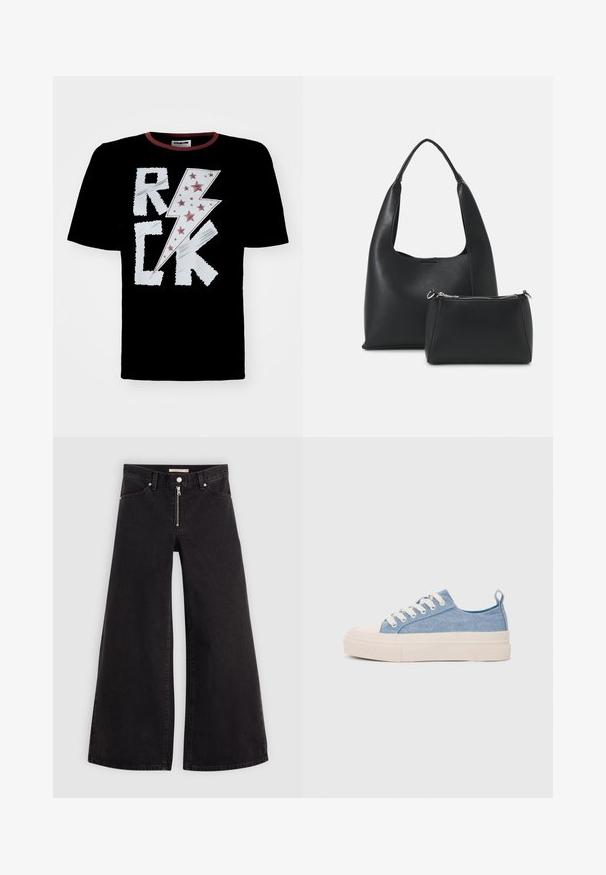 T-shirt preta com um design de raio branco e vermelho, com o texto "ROCK" em destaque, adornado com estrelas vermelhas. Gola redonda com acabamento em contraste.; Calças de ganga de perna larga em denim preto com fecho éclair à frente, design de cinco bolsos e detalhes de costura subtil. Textura suave e estilo casual.; Ténis de lona azul claro com uma biqueira e sola de borracha creme, apresentando atacadores brancos e uma alça na parte de trás.; Even&Odd Mala de mão - black