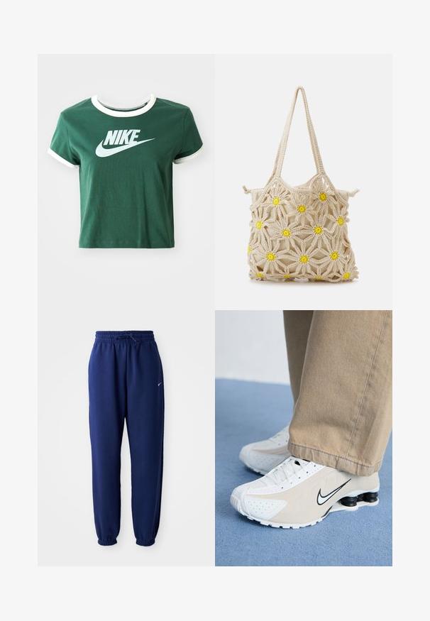 Grønn bomull t-skjorte med hvite detaljer, korte ermer og ribbet krage. Har et stort hvitt Nike-logo på forsiden.; Kortermet, kort topp i hvit bomull med to brystlommer, knappestolpe foran og et logo-merke på venstre lomme.; Mørkeblå joggebukser laget av mykt stoff, med elastisk linning med snøring, elastiske mansjetter og en liten hvit logo.; Hvide og beige Nike sneakers med perforeret design, sort swoosh-logo, tekstureret overdel og karakteristisk fjederagtig sort hæl.; Heklet tote-veske i beige med blomstermønster, med gule detaljer. To solide håndtak for bæring, myk tekstur og åpen design.