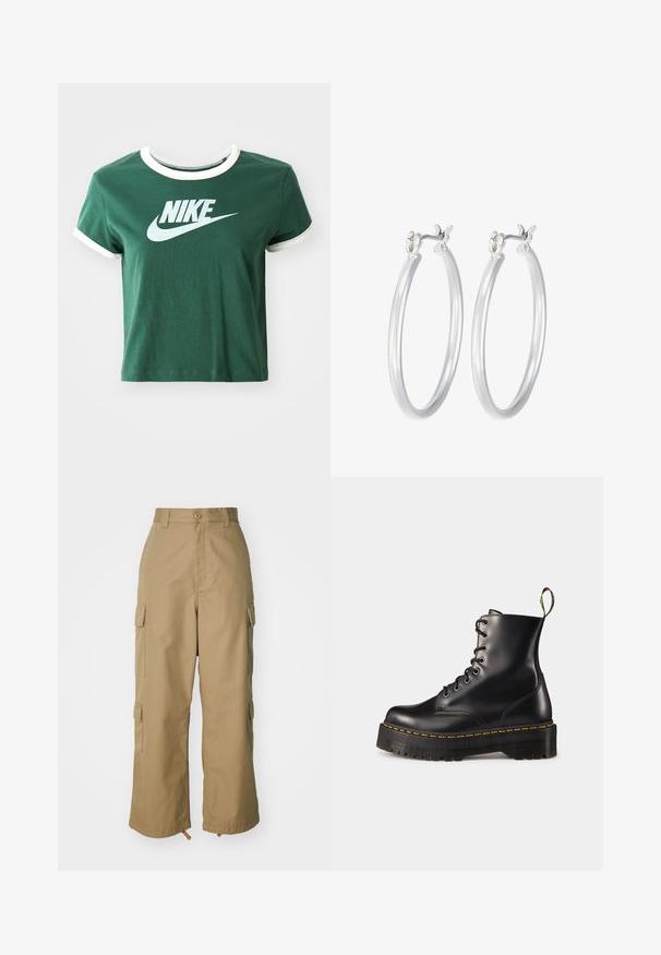 Zelené bavlněné tričko s bílými akcenty, krátkými rukávy a žebrovaným límcem. Na přední straně se nachází velké bílé logo Nike.; Béžové cargo kalhoty s vysokým pasem, širokými nohavicemi a čtyřmi velkými bočními kapsami. Vyrobené z odolné tkaniny s hladkým povrchem a minimálními detaily.; Černé kožené kotníkové boty na šněrování s mohutnou černou podrážkou a žlutým prošíváním. Mají poutko na zadní straně a kulaté kovové očko.; Stříbrné kruhové náušnice s hladkým, lesklým povrchem. Kulatý tvar a bezpečné zapínání na klip. Lehký design vhodný pro každodenní nošení.