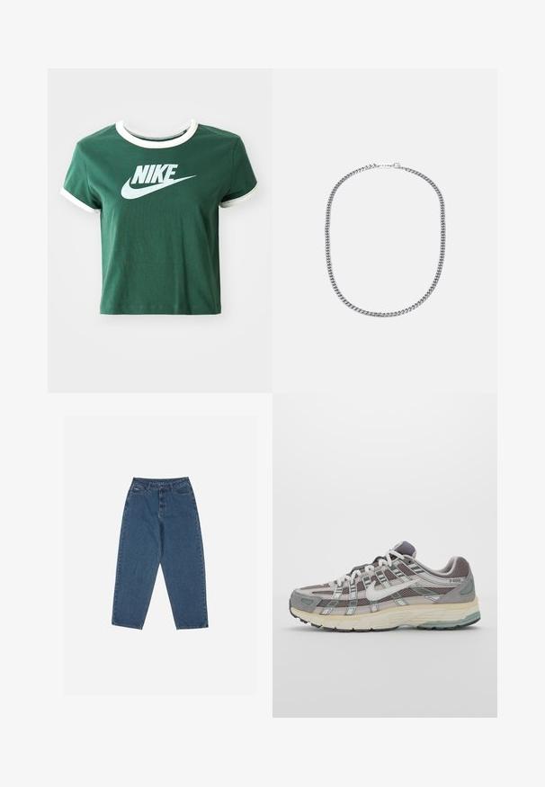 Green cotton t-shirt with white accents, short sleeves, and a ribbed collar. Features a large white Nike logo on the front.; Blue denim jeans with a relaxed fit, high waist, five-pocket design, and stitching accents. Features a button and zipper closure.; Gray athletic shoe featuring a mesh and suede upper, white accents, a cushioned sole, and a distinctive design with reflective elements.; Silver metal chain necklace featuring thick, interlocking links, polished texture, and a small clasp with branding detail.