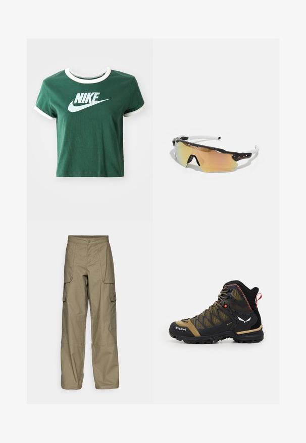 Žalias medvilninis marškinėlis su baltais akcentais, trumpomis rankovėmis ir raižyta apykakle. Papuoštas dideliu baltu Nike logotipu priekyje.; Alyvuogių žalios spalvos cargo kelnės, pasižyminčios laisvu siluetu, keliais šoninėmis kišenėmis ir sagčių uždarymu juosmens srityje. Lygi tekstūra.; Vidutinio aukščio žygio batai juodos ir alyvuogių spalvos, su tinklo viršumi, guminėmis padais ir tekstūruotomis detalėmis bei galine traukimo juostele.; Akiniai nuo saulės su juodai balta rėmu, dideliais veidrodiniais objektyvais auksinėmis ir rožinėmis atspalviais, aerodinaminis dizainas ir išplėstas išorinis rėmelis.