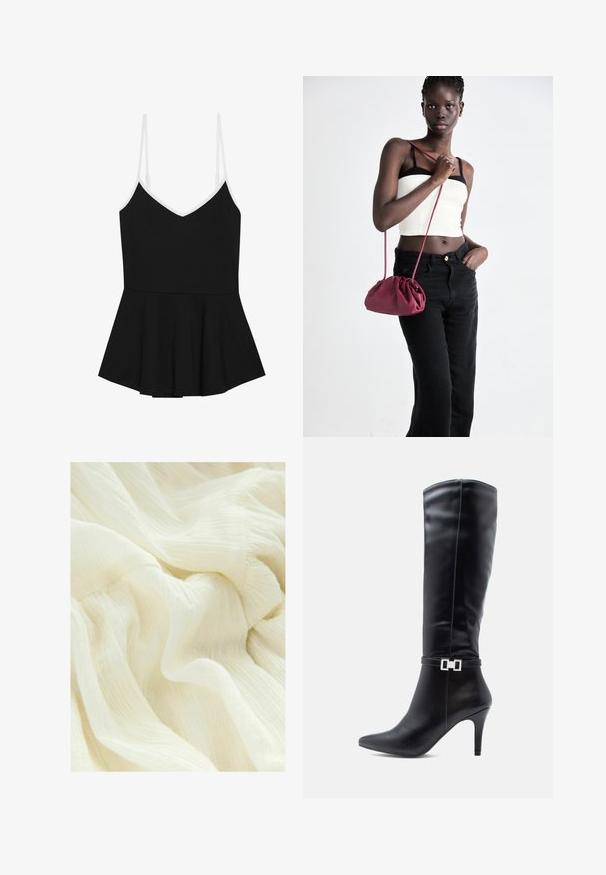 Zwarte peplumtop met dunne witte verstelbare sp straps, V-hals en een uitlopende onderzijde, gemaakt van een zachte, rekbare stof.; Gekreukeld wit stof met een zachte, transparante textuur. Het materiaal heeft een lichtgewicht, vloeiende uitstraling met subtiele variaties in toon.; Zwarte leren kniehoge laars met een spitse neus, hoge stilettohak en een decoratieve zilveren gesp rond de enkel.; Bordeaux zachte stoffen handtas met een geplooid ontwerp en een lange schouderband, crossbody gedragen. Model draagt een witte crop top en zwarte jeans.