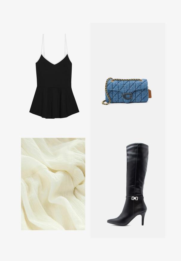 Melna peplum blūze ar plānām baltām regulējamām siksnām, V veida izgriezumu un izflību apakšējā daļā, izgatavota no mīksta, elastīga auduma.; Saburzīgs balts audums ar mīkstu, caurspīdīgu tekstūru. Materiāls izskatās viegls un plūstošs, ar smalkām toņu atšķirībām.; Melnas ādas ceļgala zābaki ar smailu degunu, augstu stiletto papēdi un dekoratīvu sudraba sprādzi ap potīti.; Zila kvadrātveida džinsu plecu soma ar zelta ķēdes siksnu un izteiksmīgu zelta logotipa akcentu priekšpusē. Kompakta taisnstūra forma.