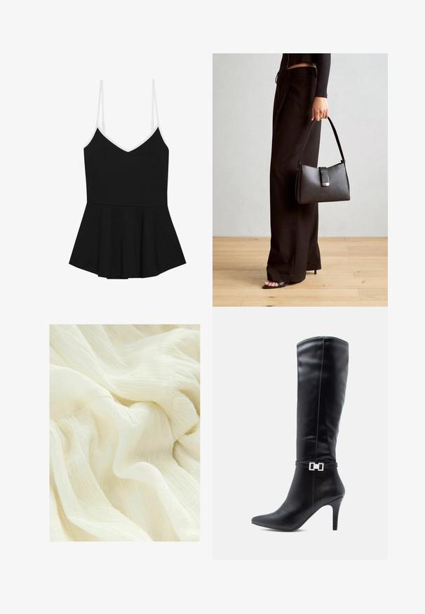 Zwarte peplumtop met dunne witte verstelbare sp straps, V-hals en een uitlopende onderzijde, gemaakt van een zachte, rekbare stof.; Gekreukeld wit stof met een zachte, transparante textuur. Het materiaal heeft een lichtgewicht, vloeiende uitstraling met subtiele variaties in toon.; Zwarte leren kniehoge laars met een spitse neus, hoge stilettohak en een decoratieve zilveren gesp rond de enkel.; Zwarte handtas met gestructureerde vorm, gladde textuur en een metalen sluiting. Gecombineerd met brede zwarte broeken en sandalen met open teen op een houten vloer.