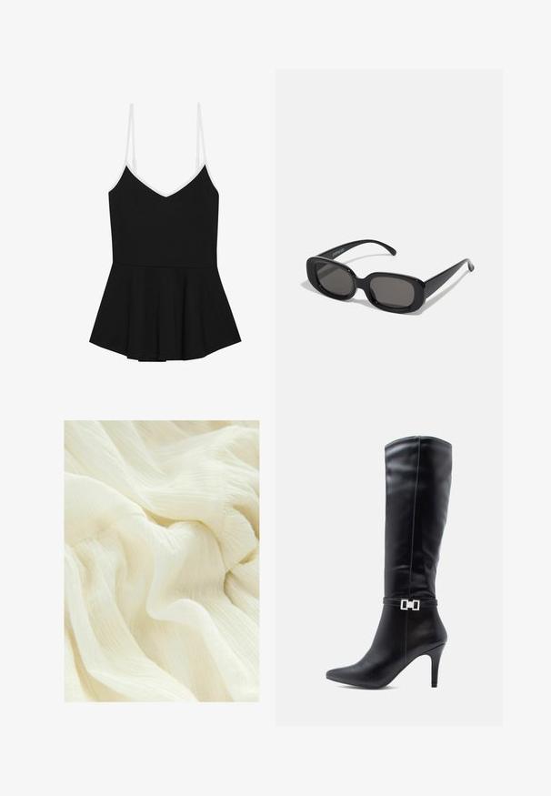 Black peplum top with thin white adjustable straps, v-neckline, and a flared lower section, made from soft, stretchy fabric.; Crinkled white fabric with a soft, sheer texture. The material has a lightweight, flowing appearance with subtle variations in tone.; Black leather knee-high boot with a pointed toe, high stiletto heel, and a decorative silver buckle detail around the ankle.; Black rectangular sunglasses with dark lenses. Thick plastic frame, smooth texture, and rounded edges. Stylish temples extend outward.