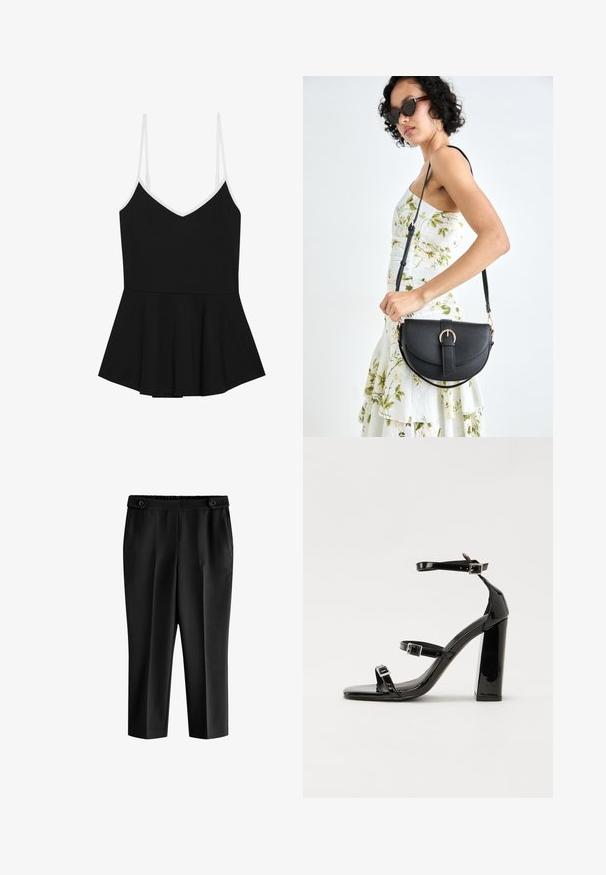 Juodas peplum stilius viršus su plonais baltais reguliuojamais petnešomis, v-formos iškirpte ir platėjančia apatine dalimi, pagamintas iš švelnios, tamprios medžiagos.; Juodos kelnių šortai su laisvu kirpimu, elastinga juosmens juosta ir dviem priekinėmis kišenėmis. Medžiaga turi glotnų paviršių su šiek tiek blizgiu finišu.; Juoda blizgi lakuota basutė su kvadratiniu pirštu, kulkšnies dirželiais ir sidabro sagtimis. Yra tvirta blokinė kulno konstrukcija, užtikrinanti stabilumą.; Juodas odinis krepšys su išlenkta forma, nuimamu dirželiu ir auksiniais detalėmis. Krepšys turi kilpą su sagtimi.