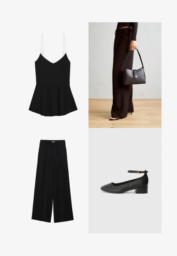 Črn peplum top z tankimi belimi prilagodljivimi naramnicami, V-izrezom in razširjenim spodnjim delom, narejen iz mehkega, raztegljivega materiala.; Črne široke hlače iz teksturirane tkanine, z elastičnim pasom in odstranljivim trakom na pasu za prilagodljivo prileganje.; Črne usnjene pumpice z nazobčanimi prsti in nizko blokasto peto. Imajo trak okoli gležnja z zaponko v zlatem tonu. Gladka tekstura.; Črna torbica z strukturirano obliko, gladko teksturo in kovinskim zaponko. Ujemajo se z širokimi črnimi hlačami in odprtimi sandali na lesenem tleh.