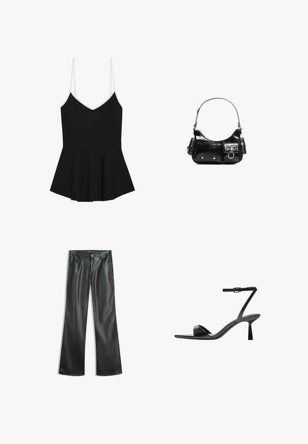 Black peplum top with thin white adjustable straps, v-neckline, and a flared lower section, made from soft, stretchy fabric.; Black faux leather flared pants with a smooth texture, five-pocket design, front zipper, and contrasting stitching.; Bershka High heeled sandals - black; Black patent leather handbag with a curved shape, one shoulder strap, front pockets, and silver-tone hardware accents.