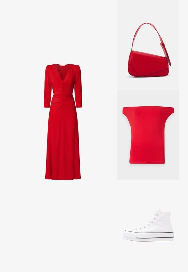 Czerwona bluzka bez ramiączek wykonana z lekkiego, gładkiego materiału. Posiada szeroki dekolt i dopasowany krój, idealna do codziennych stylizacji.; Czerwona sukienka z dekoltem w kształcie litery V, rękawami 3/4 oraz marszczonymi detalami w pasie i na plecach. Tkanina wydaje się gładka i lekka.; Białe wysokie trampki z płótna z czarną gumową podeszwą, przednim czubkiem z gumy i sześcioma dziurkami na sznurowadła, charakteryzujące się prostym, minimalistycznym designem.; Czerwona skórzana torebka o kanciastym, geometrycznym designie. Posiada jedną regulowaną rączkę oraz zapięcie na klapę z przeszyciami.