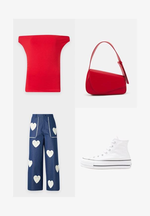 Rotes, schulterfreies Oberteil aus leichtem, glattem Stoff. Verfügt über einen weiten Ausschnitt und eine taillierte Form, geeignet für legere Anlässe.; Blumenbluse mit langen Puffärmeln, hellcremefarbenem Grund, mit lila, orangefarbenen und grünen Blumenmustern sowie klassischem Kragen.; Sister Jane HEART TO HEART - Jeans Straight Leg - blue denim; Weiße hochwertige Leinensneaker mit schwarzer Gummisohle, vorderem Gummizehenschutz und sechs Ösen für Schnürsenkel, die ein sauberes, minimalistisches Design aufweisen.; Rote Lederhandtasche mit einem kantigen, geometrischen Design. Verfügt über einen verstellbaren Schulterriemen und einen Klappenverschluss mit genähten Details.