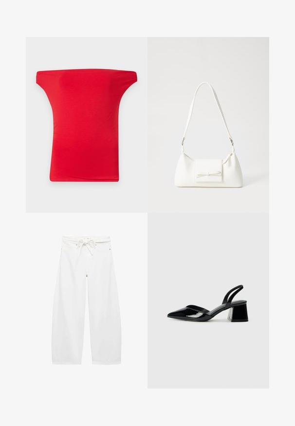 Haut rouge à épaules dénudées fabriqué à partir d'un tissu léger et lisse. Présente un décolleté large et une coupe ajustée, adaptée à un usage décontracté.; Pantalons blancs à jambe large en tissu léger, dotés d'une taille à cordon de serrage, de deux poches avant et de simples accents en métal.; Escarpins en cuir verni noir avec bout pointu et talon bloc géométrique. Présente un design élégant et minimaliste ainsi qu'une texture lisse.; Sac à main synthétique blanc en forme triangulaire, avec un rabat avant plat et un détail en nœud, une bandoulière ajustable, une texture lisse et un design minimaliste.