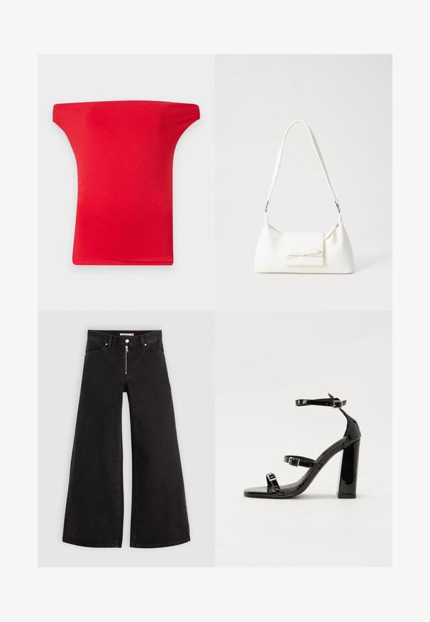 Haut rouge à épaules dénudées fabriqué à partir d'un tissu léger et lisse. Présente un décolleté large et une coupe ajustée, adaptée à un usage décontracté.; Jean large en denim noir avec une fermeture éclair à l'avant, un design à cinq poches et des détails de couture subtils. Texture lisse et style décontracté.; Sandales à talons vernies noires avec un bout carré, des sangles autour de la cheville et des boucles en argent. Dotées d'un talon bloc épais pour plus de stabilité.; Sac à main synthétique blanc en forme triangulaire, avec un rabat avant plat et un détail en nœud, une bandoulière ajustable, une texture lisse et un design minimaliste.