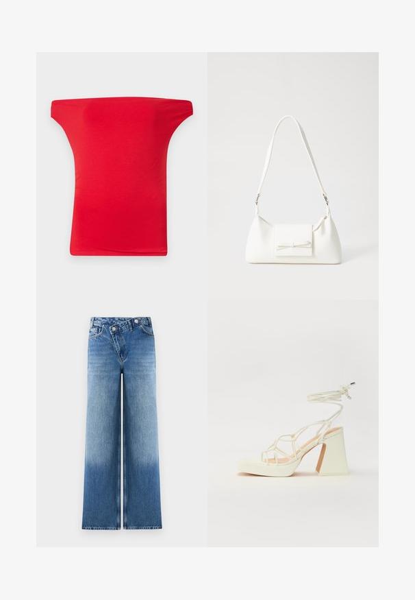 Haut rouge à épaules dénudées fabriqué à partir d'un tissu léger et lisse. Présente un décolleté large et une coupe ajustée, adaptée à un usage décontracté.; Jean large bleu clair avec un délavage, présentant un design classique à cinq poches et des accents en métal au niveau de la taille.; Sandale blanche à talons hauts avec un talon épais, présentant un design à lanières et un lien autour de la cheville. Texture lisse avec une plateforme à l'avant pour une hauteur supplémentaire.; Sac à main synthétique blanc en forme triangulaire, avec un rabat avant plat et un détail en nœud, une bandoulière ajustable, une texture lisse et un design minimaliste.