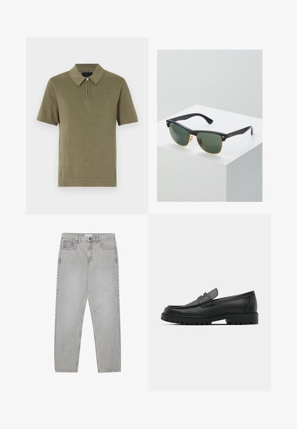 Oliivinvihreä lyhythihainen polo-paita, jossa on vetoketjukaulus, teksturoitu kangas ja suora helma. Yksinkertainen ja siisti muotoilu.; Vaaleanharmaat farkut, joissa on suora lahje, viisi taskua ja nappisulku. Saumojen varrella näkyvä ompelu.; Musta nahkaloafers, joissa on pyöreä kärki, ommeltu pinta, matala alusta ja kuvioitu, kuminen ulkopohja.; Ray-Ban aurinkolasit, joissa on vihreät linssit, mustat muovikehykset ja kultaiset yksityiskohdat reunoilla. Neliön muoto, jossa on mattapinta.