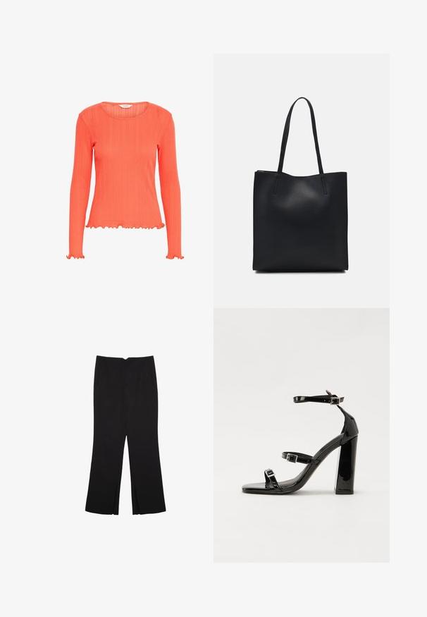 Korálový top s dlhým rukávom a rebrovanou textúrou. Má okrúhly výstrih a volánikovité okraje na manžetách a na leme. Ľahký materiál.; Čierne nohavice so strihom rovného strihu, s prednými vreckami a bočnými rozparkami na leme. Vyrobené z mäkkej, hladkej tkaniny. Vhodné na rôzne príležitosti.; Čierne lakované sandále na podpätku so štvorcovou špičkou, navlečenými remienkami okolo členku a striebornými prackami. Disponujú masívnym blokovým podpätkom pre stabilitu.; Čierna kožená taška na rameno s hladkým povrchom, obdĺžnikovým tvarom a dvoma dlhými uchami. Bez viditeľného kovania alebo ozdôb.