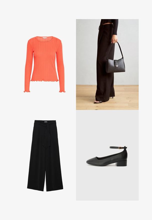 Koraalvormige top met lange mouwen en ribbelstructuur. Heeft een ronde halslijn en gerimpelde randen bij de mouwen en onderkant. Lichtgewicht stof.; Zwarte wijde broek van textuurstof, met een elastische tailleband en een afneembare sjaalstrik in de taille voor een verstelbare pasvorm.; Zwarte leren pump met een spitse neus en een lage blokhak. Beschikt over een enkelband met een goudkleurige gespsluiting. Gladde textuur.; Zwarte handtas met gestructureerde vorm, gladde textuur en een metalen sluiting. Gecombineerd met brede zwarte broeken en sandalen met open teen op een houten vloer.