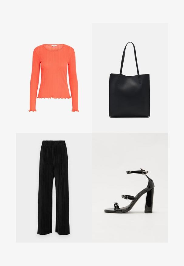 Koralen top z dolgimi rokavi z ribasto teksturo. Ima okroglo ovratnico in naborke na manšettah in robu. Lahka tkanina.; Črne plisirane hlače z elastičnim pasom. Imajo široke noge in gladko, teksturirano tkanino z navpičnimi črtami.; Črne lakirane sandale s peto, kvadratnim prstom, trakovi okrog gležnja in srebrnimi zaponkami. Opremljene so s stabilno Debelo peto.; Črna usnjena torba s svilnato teksturo, pravokotne oblike in dvema dolgima ročajema. Brez vidnih metalnih delov ali okrasnih elementov.