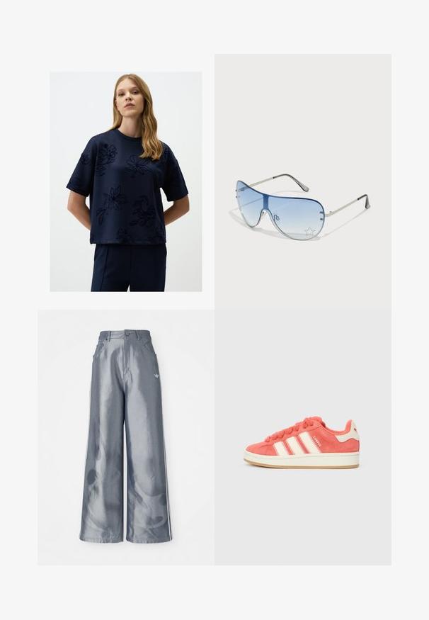 Navyblauwe, korte mouwen top met een gestructureerd bloemendessin. Gladde stof met een rond decolleté en een ontspannen pasvorm.; Zijde-brede broek van glanzend grijs materiaal, met witte zijstreep en een vlampatroon op de onderbenen. Knopen- en ritssluiting in de taille.; Roze suède sneakers met crèmekleurige strepen, ronde veters en een gestructureerde tong. Voorzien van een gumrubberen zool en een logo op de hiel.; Aviator zonnebril met een gradient blauwe lens, zilveren metalen frame en decoratieve sterrenaccenten op de lens. Glad en strak ontwerp.