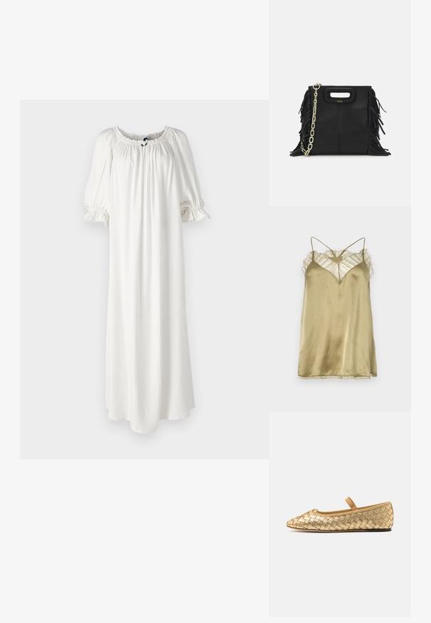 Iro BERWYN - Top - brown kaki; Witte, vloeiende jurk van zachte stof met een smocked halslijn en pofmouwen, voorzien van een subtiele strikdetail aan de voorkant.; Loeffler Randall LEONIE SOFT BALLET FLAT - Ballerina's met enkelbandjes - gold; Zwarte leren handtas met franjes, gouden schouderband van schakels en een uitsnijding in de handgreep. Heeft het logo prominent aan de voorkant.