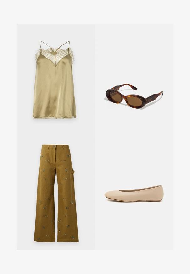 Iro BERWYN - Viršus - brown kaki; Plačiai-suknelės kelnės olivų žalios spalvos audinyje su gėlių siuvinėjimu. Yra sagos uždarymas ir šoninė kišenė. Visame gaminyje yra struktūrinis siuvimo detalės.; Šviesiai ruda odinė baleto bateliai su apvaliu galiuku, minimaliais siūlių detalėmis, žemu kulnu ir subtiliu logotipu gale. Lygi, matinė tekstūra.; Tortoiso akies saulės akiniai su ovaliais objektyvais, rusvu tonu ir auksiniais akcentais ant šonų. Stori rėmeliai su blizgiu paviršiumi ir glotnia tekstūra.