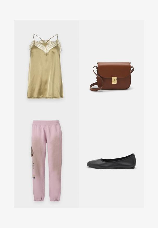Iro BERWYN - Top - brown kaki; Pantaloni de trening roz cu talie elastică, cu petice decorative în formă de diamant pe partea stângă și manșete elastice la glezne.; Balerini din piele neagră, cu vârf rotund, textură netedă, detalii de cusătură minimale și un design al tălpii flexibil.; Geantă de piele maro cu închidere tip capac, accesorii de culoare aurie, curea de umăr și o textură netedă. Formă compactă și rectangulară.