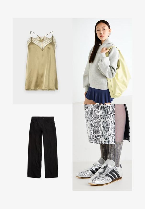 Iro BERWYN - Topp - brown kaki; Mustad teksad sirge lõikega, esise riidest kinnitusega ja viie taskuga disain. Sile tekstuur ja minimaalne õmbluse detail.; Hõbedased jalgpallijalatsid mustade triipudega ja sujuva disainiga, millele on kombineeritud tekstureeritud hallid ja kuldsed ribased sokid ning mustriline seelik.; Hallukas halli kapuutsiga jakki, millel on kenguru tasku, sobitatud tumesinise lõhiku säärega seeliku juurde. Aksessuaar: suur heledast kollasest seljakotist, sile tekstuur.