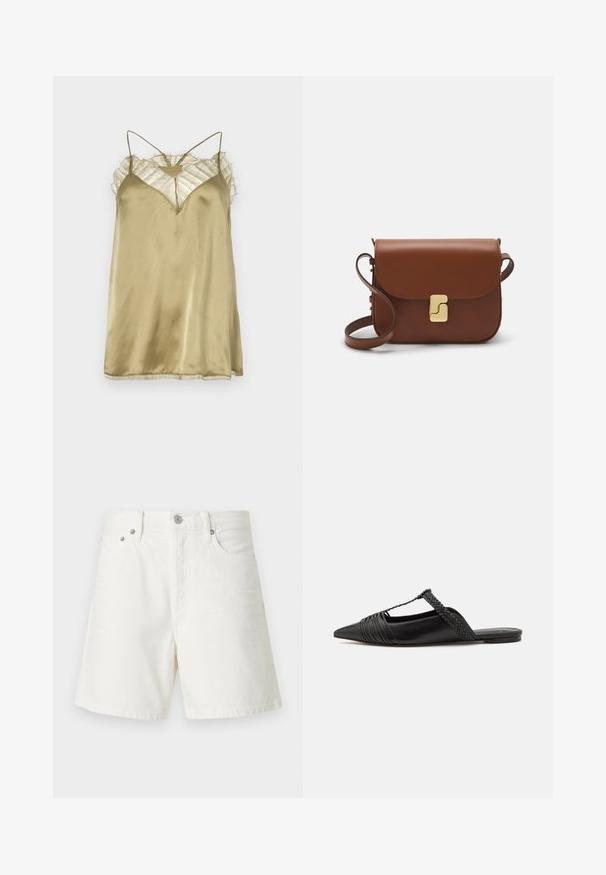 Iro BERWYN - Top - brown kaki; Beli džins kratke hlače s ravnim krojem, pet žepnim oblikovanjem, sprednjim gumbom za zapiranje, srebrnimi dodatki in vticami.; Črne usnjene sandale s priponko, koničastim nosom in tkano dekoracijo ter gubanjem na zgornjem delu. Ravna podplata z minimalno opremo.; Rjava usnjena torbica s poklopcem, zlato obarvani okovi, naramnica in gladka tekstura. Kompaktna pravokotna oblika.