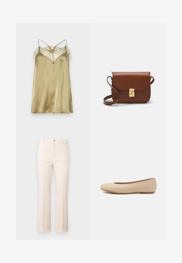 Iro BERWYN - Top - brown kaki; Bežové riflové nohavice s rozšírenými nohavicami vyrobené z bavlny, s vysokým pásom, piatimi vreckami, zapínaním na gombík a jemnými detailmi šitia.; Béžové kožené baleríny s okrúhlym prstom, minimálnym švom, nízkym podpätkom a diskrétnym logom na zadnej strane. Hladká, matná textura.; Hnedá kožená kabelka s klopou, zlatými kovovými prvkami, ramenným popruhom a hladkým povrchom. Kompaktný obdĺžnikový tvar.