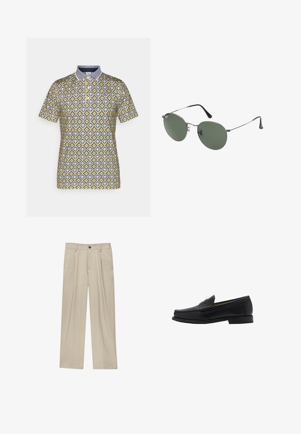 Polo a maniche corte con un design a motivo giallo, blu navy e bianco. Presenta un colletto e una vestibilità classica per il massimo comfort.; Pantaloni beige a taglio dritto, con un solo bottone nero, passanti per la cintura e tasche laterali. Tessuto dalla texture liscia e design minimale.; Mango Mocassini eleganti - black; Occhiali da sole con montatura in metallo e lenti verdi ovali. Montatura sottile in metallo argento e terminali neri. Design minimalista, senza loghi visibili.