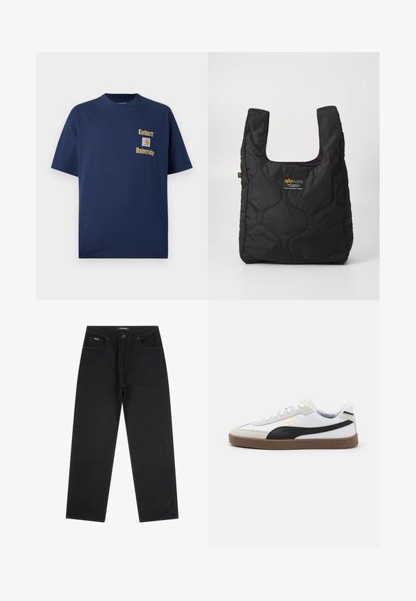 T-paidat tummansinisestä puuvillasta, joissa on lyhyet hihat. Edessä kultaisella tekstillä "Carhartt University" ja logo-tasku vasemmalla rintapuolella.; Mustat suorat farkut, joissa on etupainike ja vetoketju, vyölenkit ja viisi taskua, aseteltuna litteäksi valkoista taustaa vasten.; Valkoinen nahkainen tennari mustalla mokkanahkakoristeella, pyöreä kärki, litteä ruskea kumipohja ja kohokuvioitu kullanvärinen logo sivussa. Nyörit ja pehmustettu kaulus.; Mustat, tikatut olkalaukut, joissa on suuri aukko, kaarevat muodot pinnalla ja etiketti, jossa on keltaista ja valkoista tekstiä edessä.