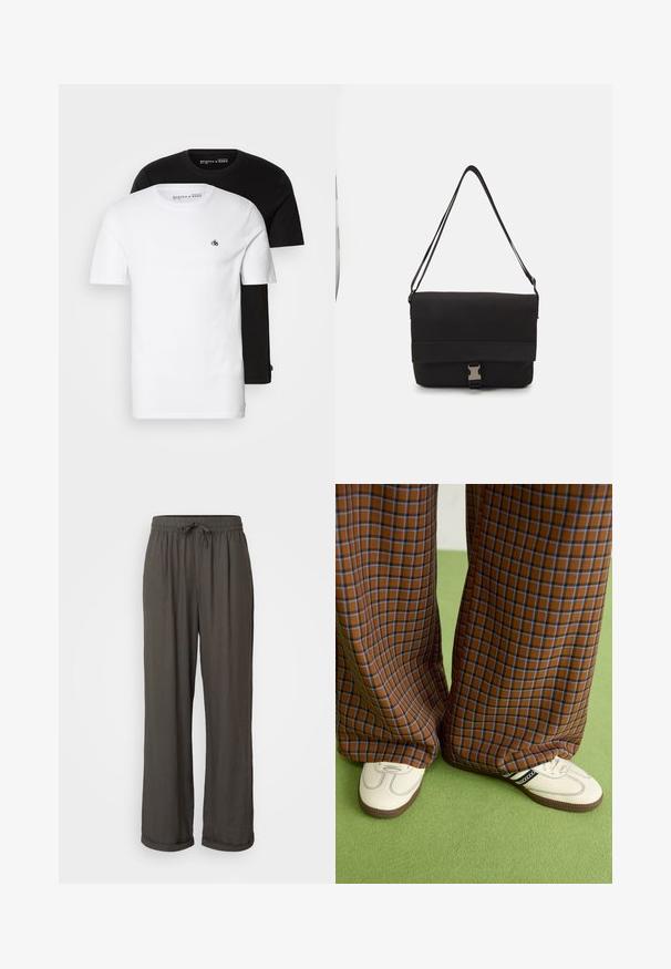 Divas kokvilnas T-krekli: viens balts ar mazu logo uz krūtīm, un otrs melns. Abiem ir īsās piedurknes un klasiskā apaļā apkakle.; Tumši pelēki platajās bikses ar aukliņu jostu, izgatavotas no mīkstas, teksturētas auduma, ar sarullētām piedurknēm pie potītēm.; Brūni un zili rūtaini platās kājas bikses, kas savienotas ar baltām kurpēm ar melniem akcentiem un teksturētām zolēm, uz zaļa fona.; Melna sūtītāja soma, izgatavota no gludas materiāla, ar nolocamu vāku, sudraba sprādzi un regulējamu plecu siksnu.