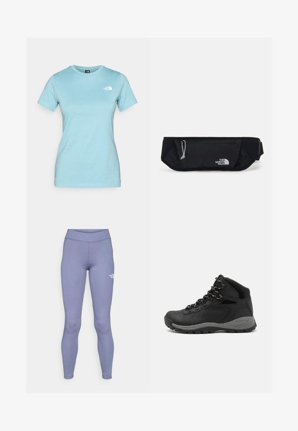 Light blue cotton t-shirt with short sleeves and a crew neck; features a small white logo on the upper left chest area.; Blue athletic leggings made of soft, stretchy fabric. Features a high waistband and a small white logo on the left thigh.; Black hiking boot with a mid-top design, featuring a textured upper, gray accents, and durable rubber sole with traction lugs.; The North Face SUNRISER RUN BELT UNISEX - Bum bag - black/white
