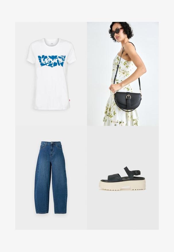 Levi's® THE PERFECT TEE - Triko s potiskem - sugar swizzle; Džínové kalhoty v středně modrém praní, s vysokým pasem, širokým střihem nohavic a standardním designem pěti kapes s viditelnými švy.; Černé semišové platformové sandály s robustní bílou podrážkou, širokým předním páskem a nastavitelným řemínkem kolem kotníku. Texturovaná podrážka pro lepší grip.; Černá kožená kabelka s křivkovým tvarem, odnímatelným popruhem a zlatými detaily. Kabelka má klopu s přezkou.