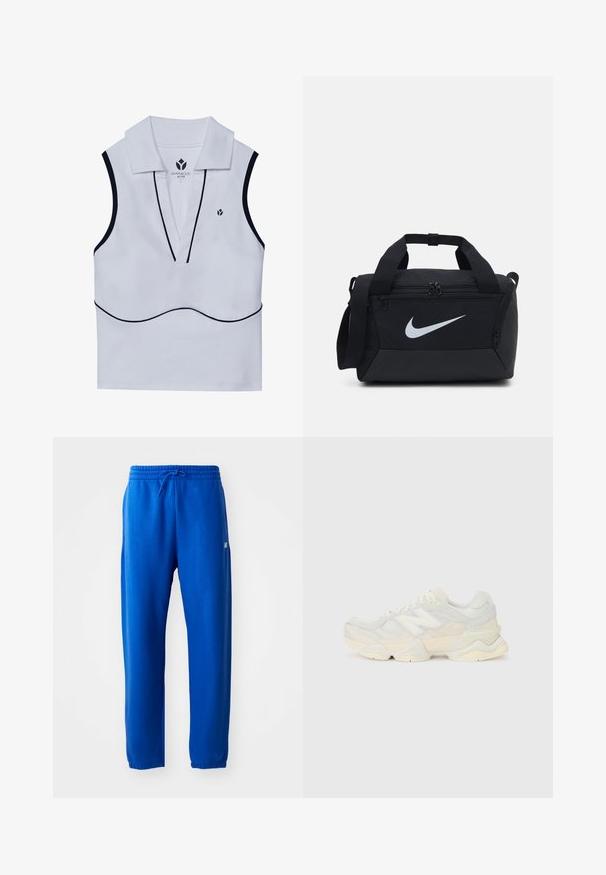 Bela brezrokavna aktivna majica s colarjem, globokim V izrezom, črnimi detajli in majhnim logotipom v zgornjem levem kotu.; Modre trenirke iz mehkega blaga, z elastičnim pasom in vrvico, zožanimi nogami ter majhnim logotipom na strani.; Lahki športni čevlji z zgornjim delom iz mrežastega materiala in antilopa v nežnih kremnih tonih, z debelim podplatom in tridimenzionalnimi poudarki.; Črn torba na ramo iz gladkega blaga, z dvema zadrgama, oblazinjenimi ročaji in velikim belim logotipom Nike na sprednji strani.