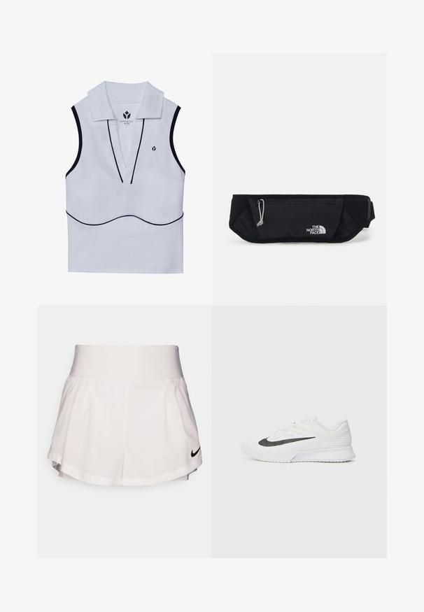 Bijela aktivna majica bez rukava s ovratničkim izrezom, dubokim V oblikom, crnim detaljima, te malim logotipom u gornjem lijevom kutu.; Nike Performance SHORT - Sportske kratke hlače - white/black; Bijela atletska cipela s teksturiranim mrežastim gornjim dijelom, crnom logotipnom prugom, podstavljenim ovratnikom i gumenom potplatom s uzorkom protrakcije.; The North Face SUNRISER RUN BELT UNISEX - Pojasna torbica - black/white