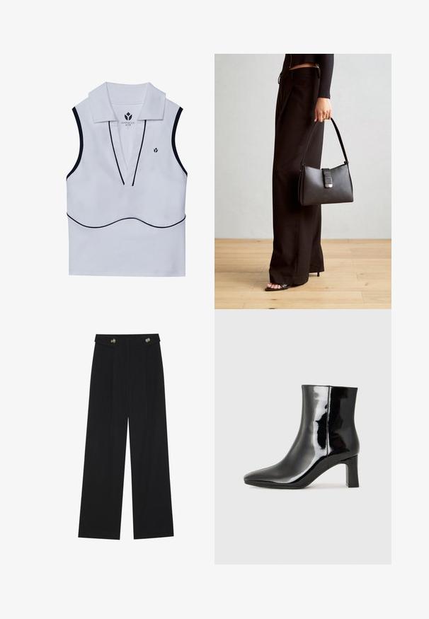 White sleeveless active top with a collared neckline, deep V shape, black trim detailing, and a small logo in the top left corner.; Black wide-leg trousers with high waist, button details on waistband, and front pleats.; Black patent leather ankle boot with a pointed toe and a mid-height block heel. Smooth texture and minimalist design.; Black handbag with structured shape, smooth texture, and a metallic clasp. Paired with wide black pants and open-toe sandals on wooden floor.