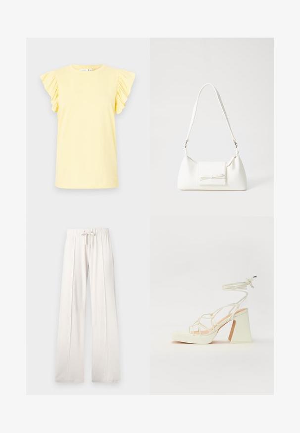 Kollane T-särk lühikeste volangvarrukatega, ümar kaelus ja sile puuvillane tekstuur. Lihtne disain, ilma mustrite või aktsentideta.; Heledad beežid püksid, mis on valmistatud pehmest kangast, millel on paelaga vöökoht, laiad sääred ja vertikaalsed õmblused, lisaks sujuv tekstuur.; Valged kõrge kontsaga sandaalid, millel on paks konts ja rihmadega disain koos pahkluu sidumisega. Sile tekstuur ja platvorm ees, et lisada kõrgust.; Valge sünteetilisest materjalist kott kolmnurkse kujuga, lame esiklapiga ja kaaredetailiga, reguleeritava rihmaga, sileda tekstuuriga ja minimalistliku disainiga.