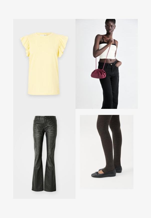 Gul t-shirt med korte flæsekorte ærmer, rund hals og en glat bomuldsstruktur. Enkel design uden mønstre eller dekorationer.; Sorte faux læder flared jeans med forlommer, en metalknaplukning og en let tekstureret overflade. Ret ben med en lang skæring.; Sorte flade sko med en lille sløjfedetalje ved tåen, parret med mørkebrune ribbede strømpebukser. Skoene har en glat overflade og lav profil.; Bordeaux blødt stof håndtaske med en sammenpresset design og en lang rem, båret som crossbody. Modellen bærer en hvid cropped top og sorte jeans.