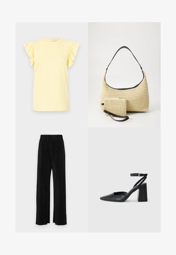 Geltona marškinėliai su trumpomis voliotomis rankovėmis, apvaliu kaklu ir lygiu medvilnės audiniu. Paprastas dizainas be raštų ar akcentų.; Juodi plisuoti kelnės su elastine juosta. Turėkite plačias kojas ir glotnų, tekstūrinį audinį su vertikaliais dryžiais.; Juoda odinė smailiagalė aukštakulnio bateliai su kulkšnies dirželiu ir storu kulnu. Lygus paviršius, elegantiškas dizainas ir minimalistiška estetinė. ; Austo pynimo šiaudinio rankinio krepšio su kreiviu siluetu, su glotnia juoda odine rankena ir atitinkamu mažu maišeliu, pritvirtintu prie riešo juostos.