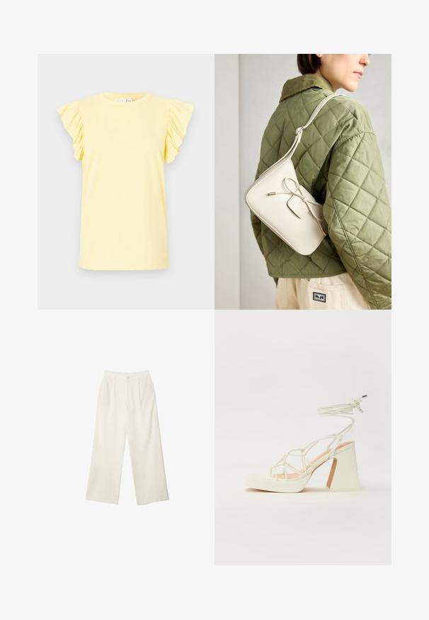 Żółta koszulka z krótkimi, falbaniastymi rękawami, okrągłym dekoltem i gładką bawełnianą fakturą. Prosty design bez wzorów czy akcentów.; Spodnie z szerokimi nogawkami w kremowej tkaninie o gładkiej fakturze, z pojedynczym guzikiem z przodu, subtelnymi plisami i wysokim stanem.; Biała sandał na wysokim obcasie z masywnym słupkiem, z paskowym wzorem i wiązaniem przy kostce. Gładka faktura z platformą z przodu dla dodatkowej wysokości.; Beżowa skórzana torebka na ramię z kokardką, złotymi detalami i pojedynczym regulowanym paskiem, noszona na zielonej pikowanej kurtce.